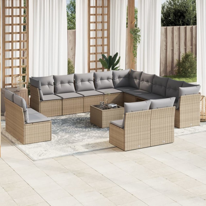 vidaXL Set sofás de jardín 14 pzas con cojines ratán sintético beige vidaXL Set sofás de jardín 14 pzas con cojines ratán sintético beige