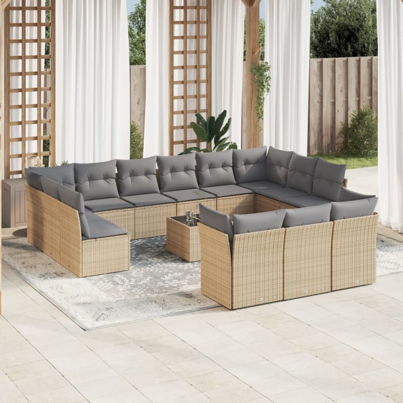 vidaXL Set sofás de jardín 14 pzas con cojines ratán sintético beige vidaXL Set sofás de jardín 14 pzas con cojines ratán sintético beige