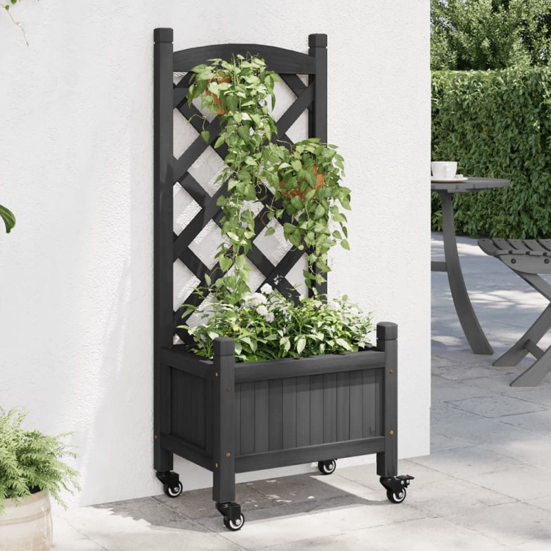 vidaXL Jardinera con enrejado y ruedas madera maciza de abeto negro vidaXL Jardinera con enrejado y ruedas madera maciza de abeto negro
