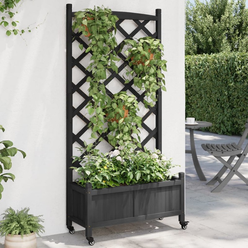 vidaXL Jardinera con enrejado y ruedas madera maciza de abeto negro vidaXL Jardinera con enrejado y ruedas madera maciza de abeto negro
