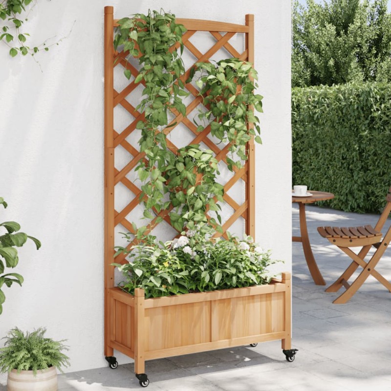 vidaXL Jardinera con enrejado y ruedas madera maciza de abeto marrón vidaXL Jardinera con enrejado y ruedas madera maciza de abeto marrón
