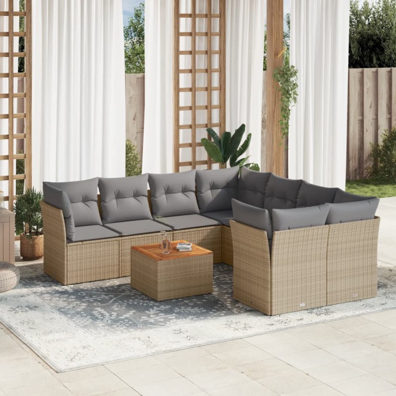 vidaXL Set de sofás de jardín 9 pzas con cojines ratán sintético beige vidaXL Set de sofás de jardín 9 pzas con cojines ratán sintético beige