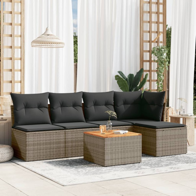 vidaXL Set de muebles de jardín 6 pzas y cojines ratán sintético gris vidaXL Set de muebles de jardín 6 pzas y cojines ratán sintético gris