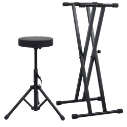 vidaXL Set de soporte para teclado con doble refuerzo y taburete negro