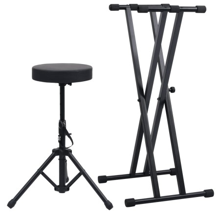vidaXL Set de soporte para teclado con doble refuerzo y taburete negro