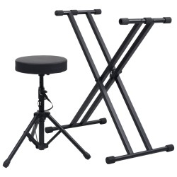 vidaXL Set de soporte para teclado con doble refuerzo y taburete negro