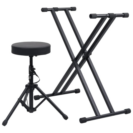 vidaXL Set de soporte para teclado con doble refuerzo y taburete negro