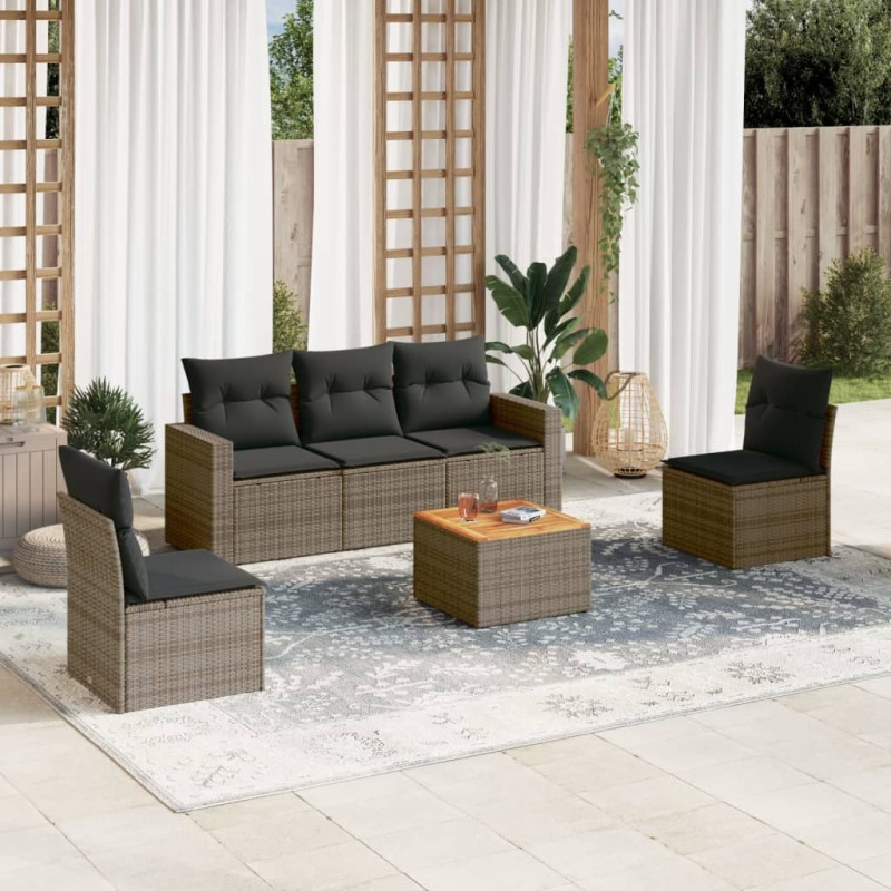 vidaXL Set de muebles de jardín 6 pzas y cojines ratán sintético gris vidaXL Set de muebles de jardín 6 pzas y cojines ratán sintético gris