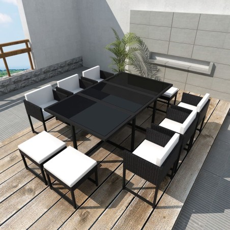 vidaXL Set comedor de jardín 11 piezas y cojines ratán sintético negro