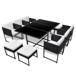 vidaXL Set comedor de jardín 11 piezas y cojines ratán sintético negro