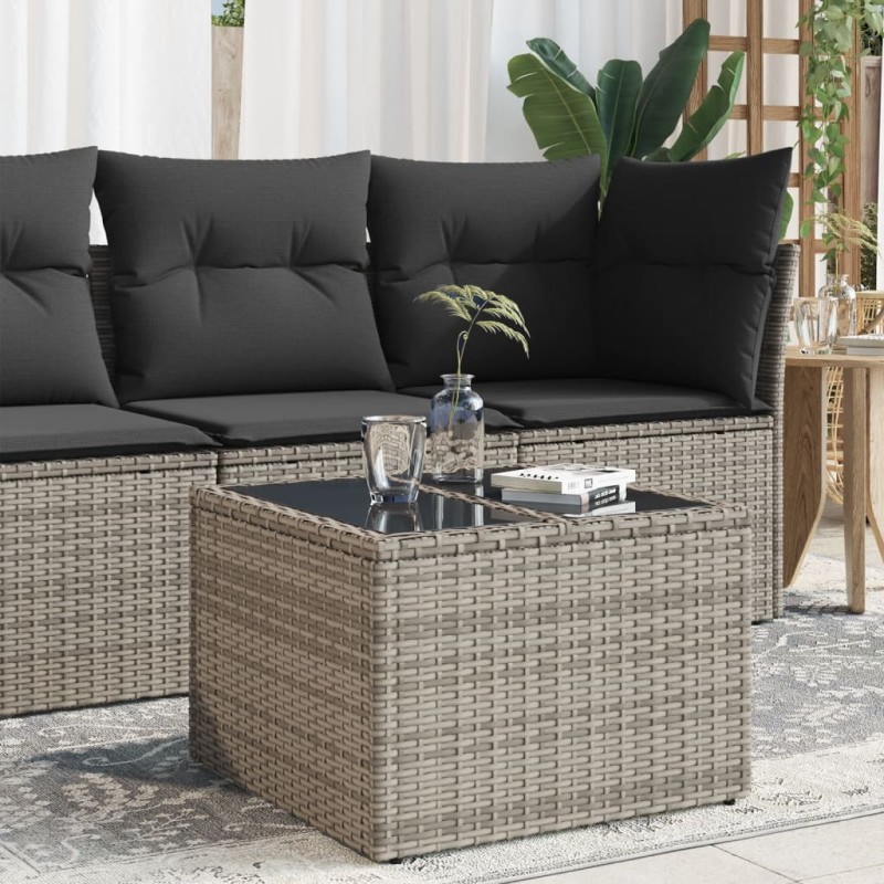 vidaXL Mesa de jardín superficie de cristal ratán PE gris 55x55x37 cm vidaXL Mesa de jardín superficie de cristal ratán PE gris 55x55x37 cm