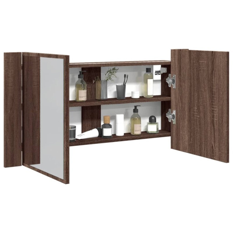 vidaXL Armario espejo de baño LED acrílico marrón roble 90x12x45 cm