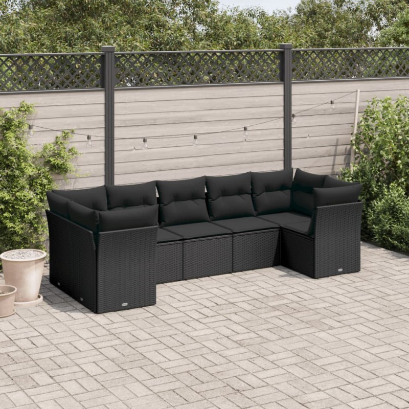 vidaXL Set de comedor de jardín 7 pzas y cojines ratán sintético negro vidaXL Set de comedor de jardín 7 pzas y cojines ratán sintético negro