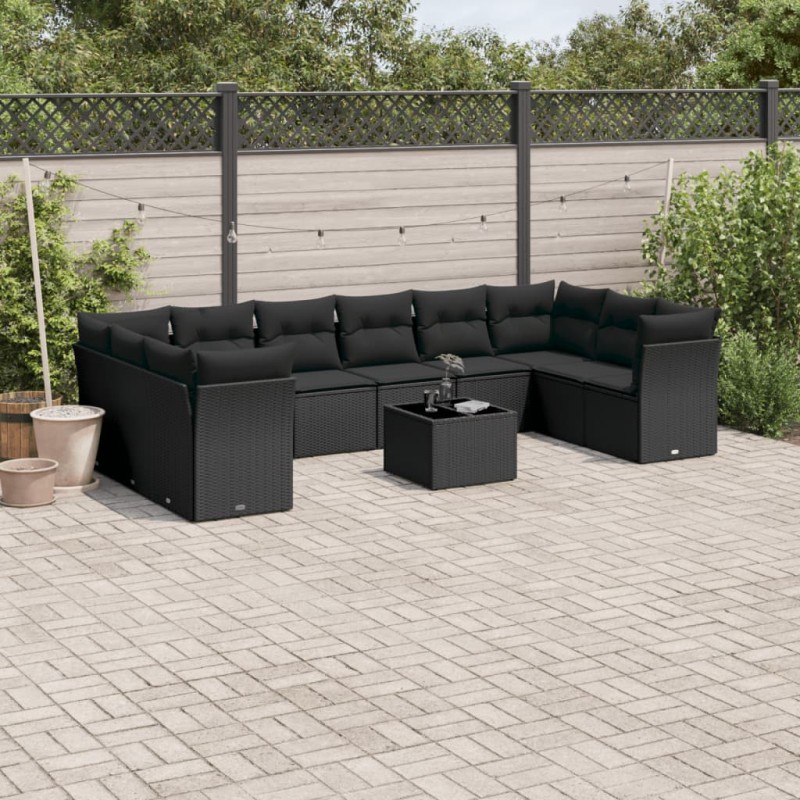 vidaXL Set de sofás de jardín 11 pzas y cojines ratán sintético negro vidaXL Set de sofás de jardín 11 pzas y cojines ratán sintético negro