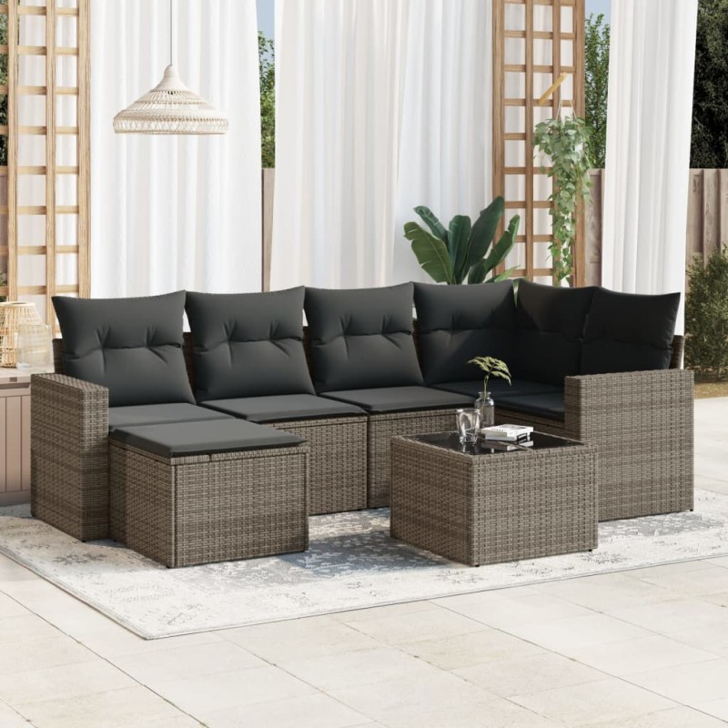 vidaXL Set de sofás de jardín 7 piezas con cojines ratán PE gris vidaXL Set de sofás de jardín 7 piezas con cojines ratán PE gris
