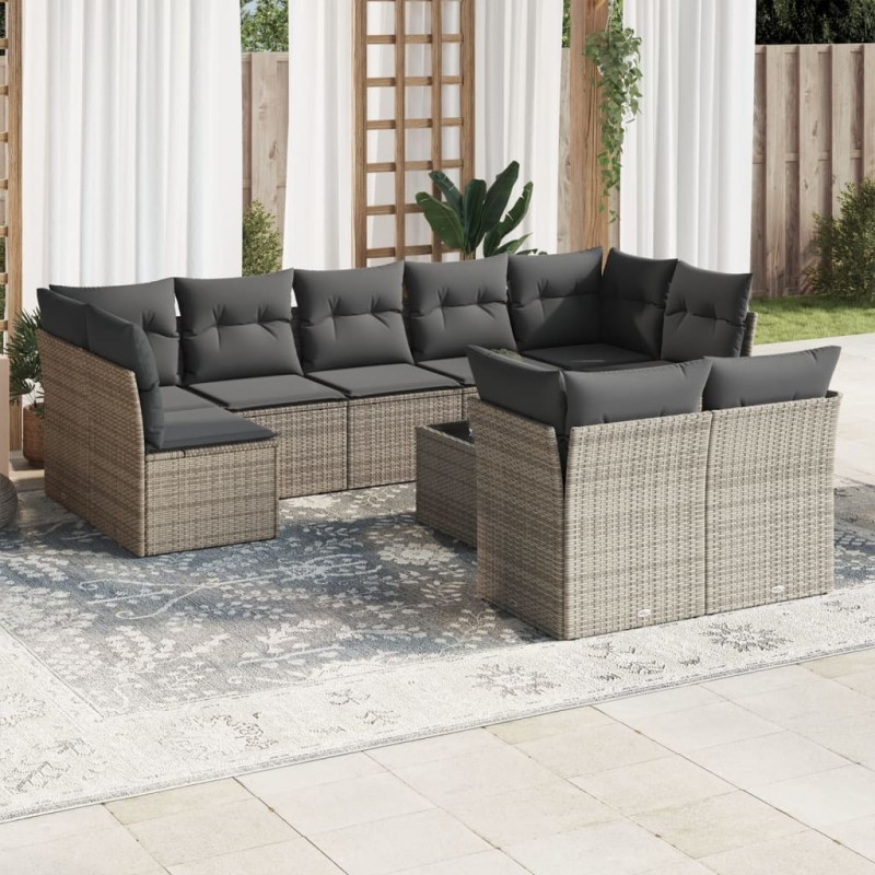 vidaXL Set de sofás de jardín 10 pzas con cojines ratán sintético gris vidaXL Set de sofás de jardín 10 pzas con cojines ratán sintético gris