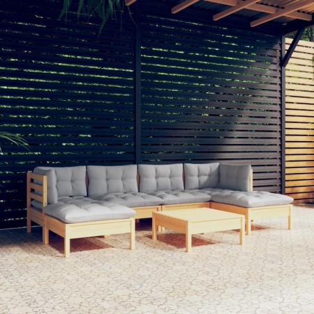 vidaXL Juego de muebles de jardín 7 pzas y cojines madera pino gris