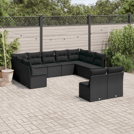 vidaXL Set de sofás de jardín 11 pzas y cojines ratán sintético negro