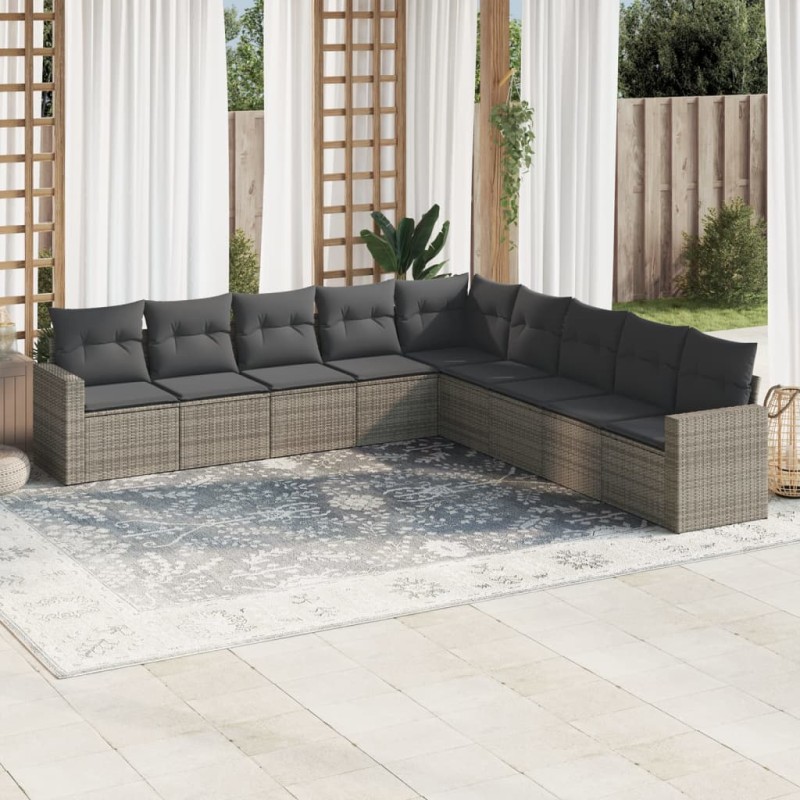 vidaXL Set de muebles de jardín 9 pzas y cojines ratán sintético gris vidaXL Set de muebles de jardín 9 pzas y cojines ratán sintético gris