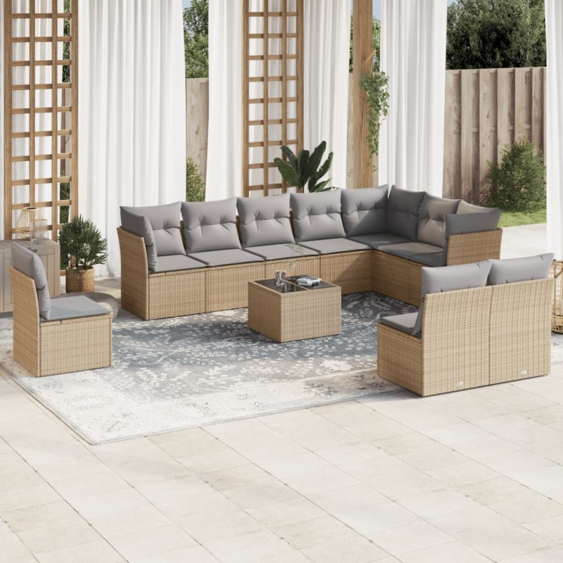 vidaXL Set de sofás de jardín 11pzas con cojines ratán sintético beige vidaXL Set de sofás de jardín 11pzas con cojines ratán sintético beige