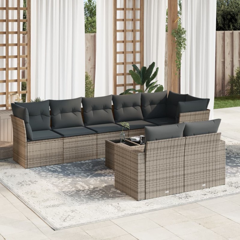 vidaXL Set de muebles de jardín 9 pzas y cojines ratán sintético gris vidaXL Set de muebles de jardín 9 pzas y cojines ratán sintético gris