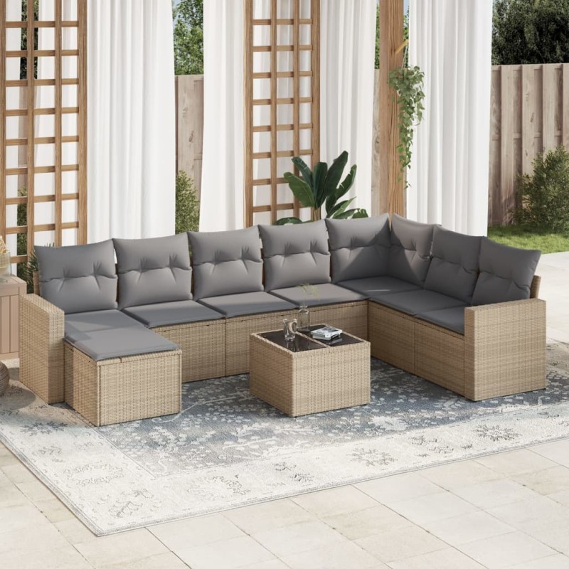 vidaXL Set de sofás de jardín 9 pzas con cojines ratán sintético beige vidaXL Set de sofás de jardín 9 pzas con cojines ratán sintético beige