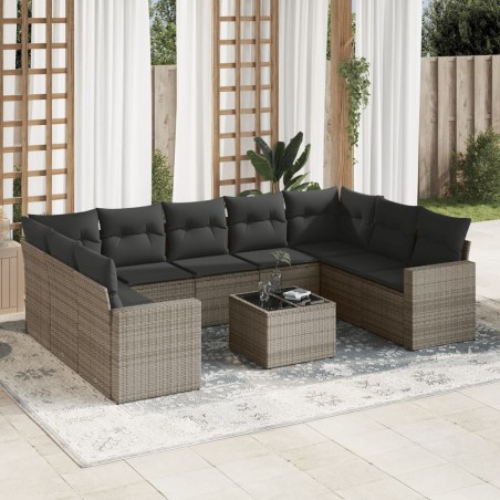 vidaXL Set de sofás de jardín 10 pzas con cojines ratán sintético gris