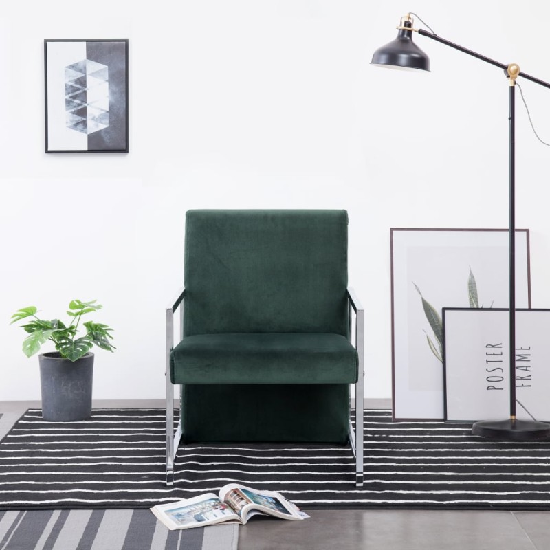 vidaXL Sillón con patas cromadas terciopelo verde oscuro vidaXL Sillón con patas cromadas terciopelo verde oscuro