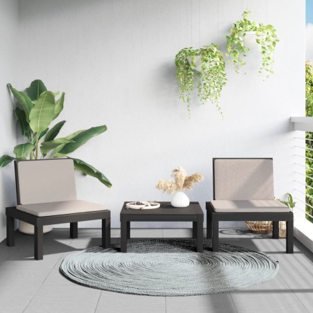 vidaXL Juego muebles de jardín 3 piezas y cojines PP gris antracita