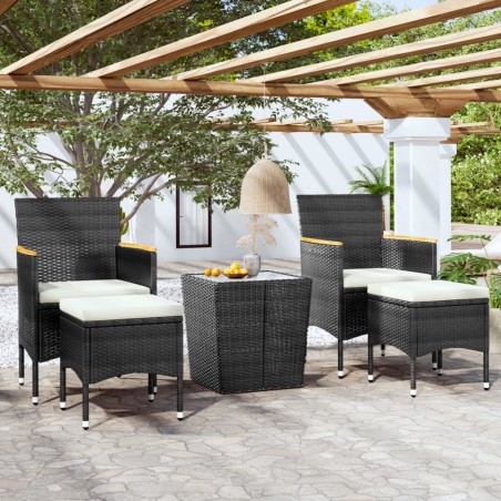 vidaXL Mesa sillas jardín 5 pzas ratán sintético vidrio templado negro