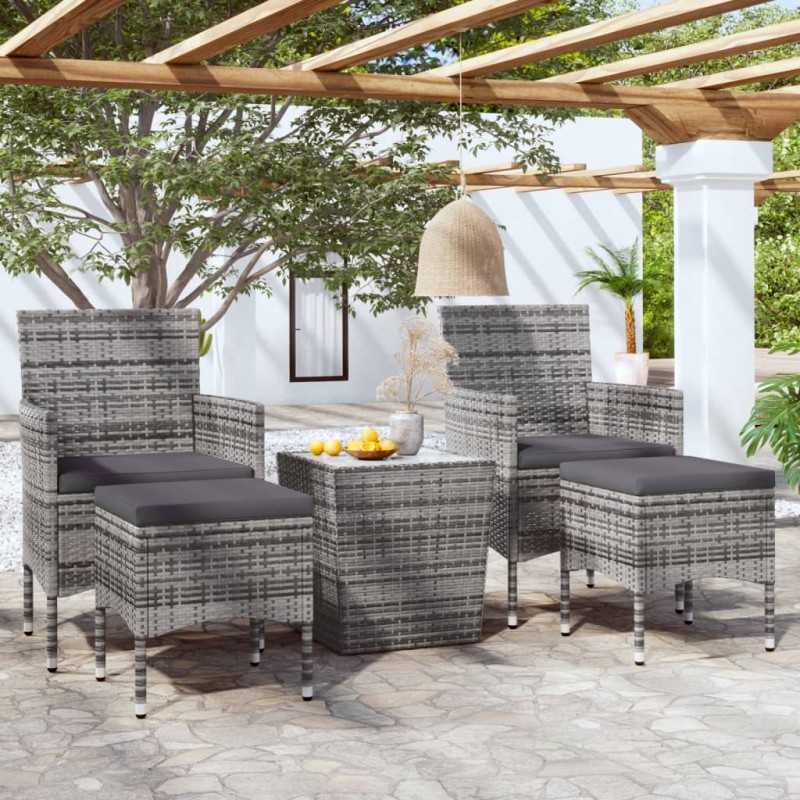 vidaXL Mesa sillas jardín 5 pzas ratán sintético vidrio templado gris vidaXL Mesa sillas jardín 5 pzas ratán sintético vidrio templado gris