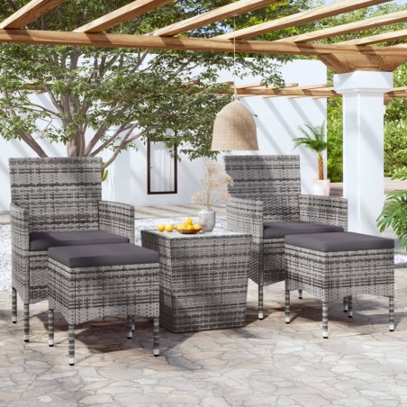 vidaXL Mesa sillas jardín 5 pzas ratán sintético vidrio templado gris