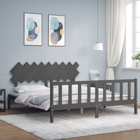 vidaXL Estructura cama de matrimonio con cabecero madera maciza gris