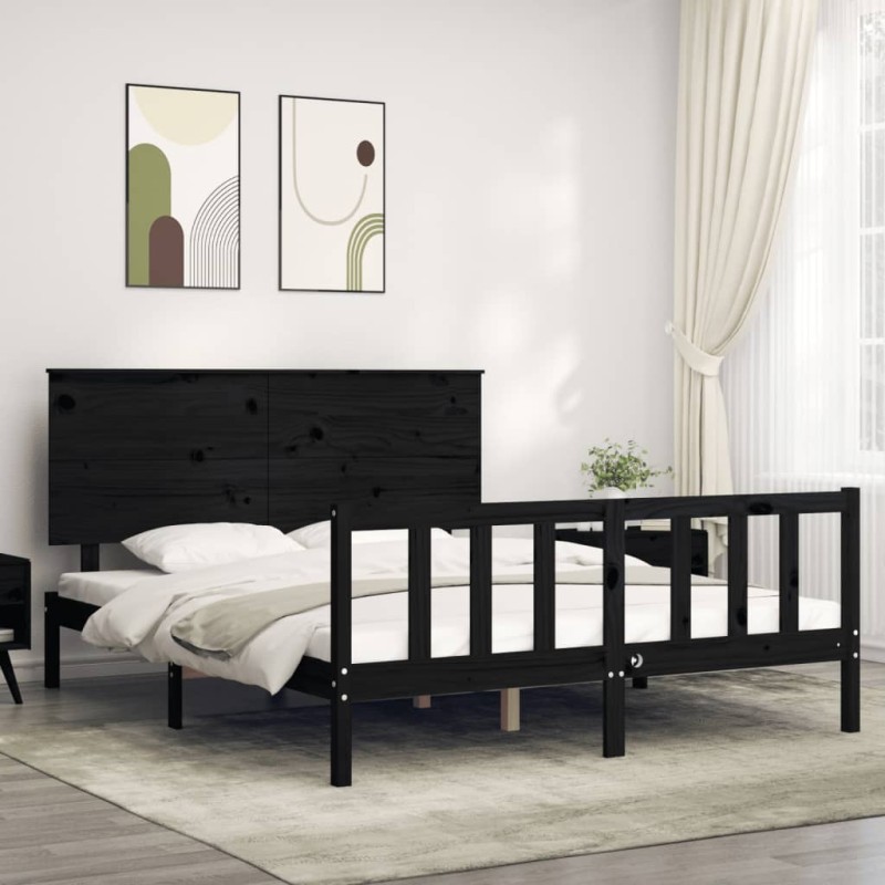 vidaXL Estructura de cama con cabecero madera maciza negro 160x200 cm vidaXL Estructura de cama con cabecero madera maciza negro 160x200 cm
