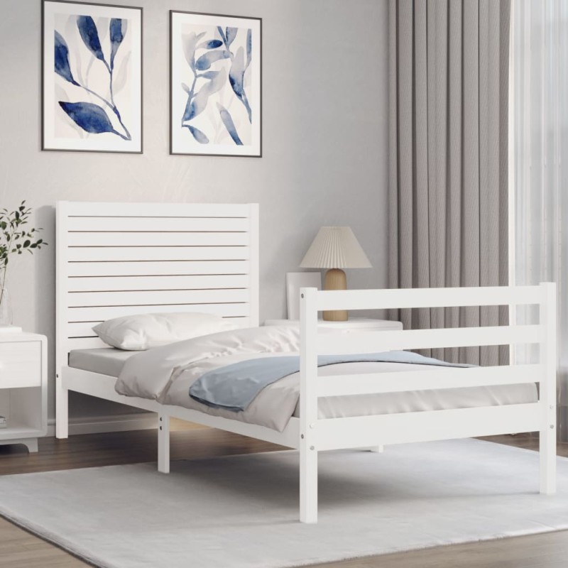 vidaXL Estructura de cama con cabecero madera maciza blanco 100x200 cm vidaXL Estructura de cama con cabecero madera maciza blanco 100x200 cm