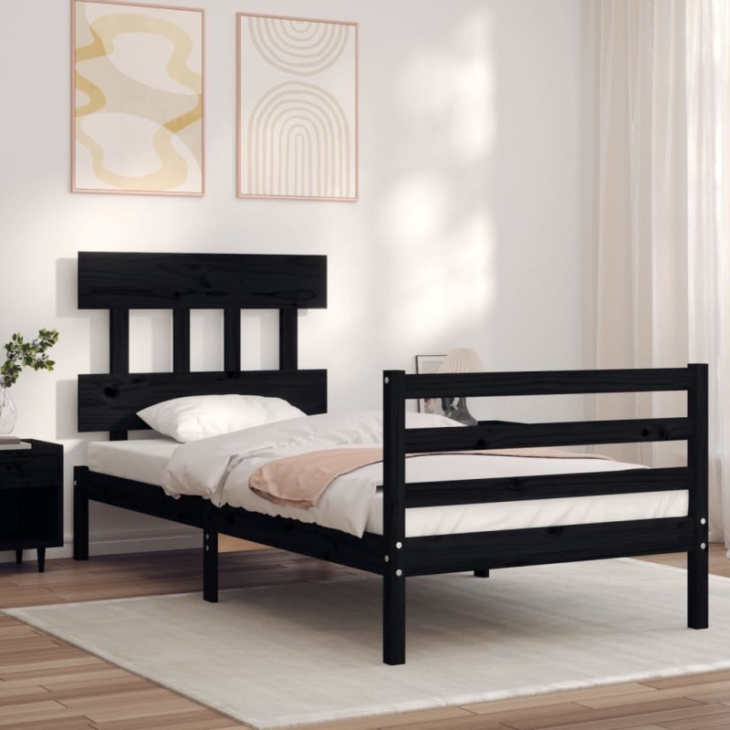 vidaXL Estructura de cama con cabecero madera maciza negro 100x200 cm vidaXL Estructura de cama con cabecero madera maciza negro 100x200 cm