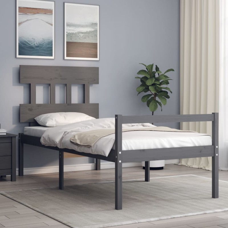 vidaXL Cama personas mayores cabecero madera maciza gris 100x200 cm vidaXL Cama personas mayores cabecero madera maciza gris 100x200 cm