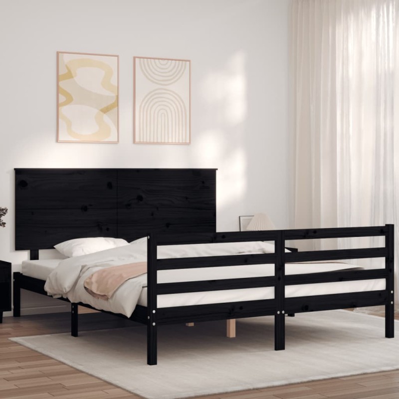 vidaXL Estructura de cama con cabecero madera maciza negro 160x200 cm vidaXL Estructura de cama con cabecero madera maciza negro 160x200 cm