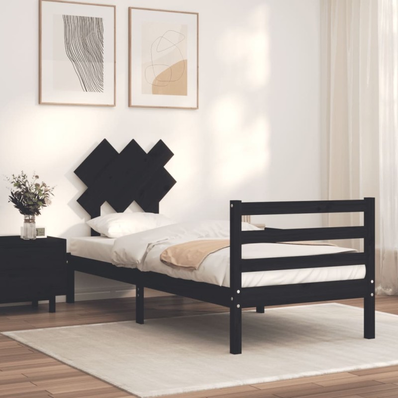 vidaXL Estructura de cama con cabecero madera maciza negro 90x200 cm