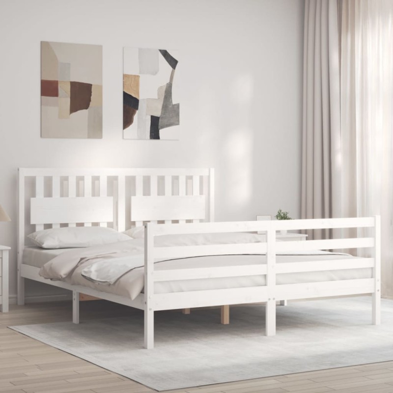 vidaXL Estructura de cama matrimonio con cabecero madera maciza blanco vidaXL Estructura de cama matrimonio con cabecero madera maciza blanco
