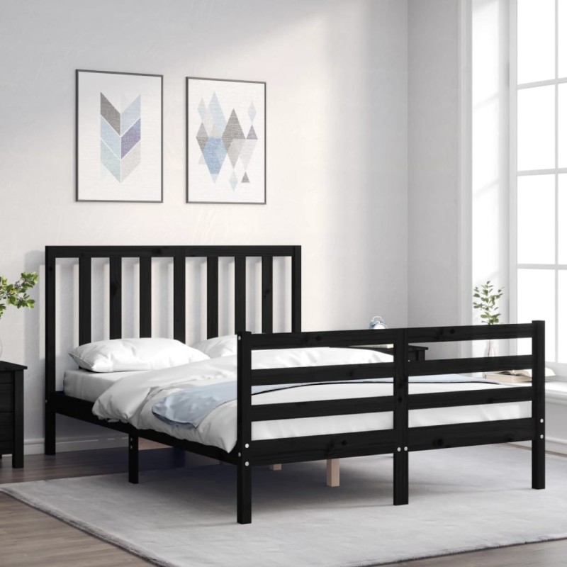 vidaXL Estructura cama de matrimonio con cabecero madera maciza negro vidaXL Estructura cama de matrimonio con cabecero madera maciza negro