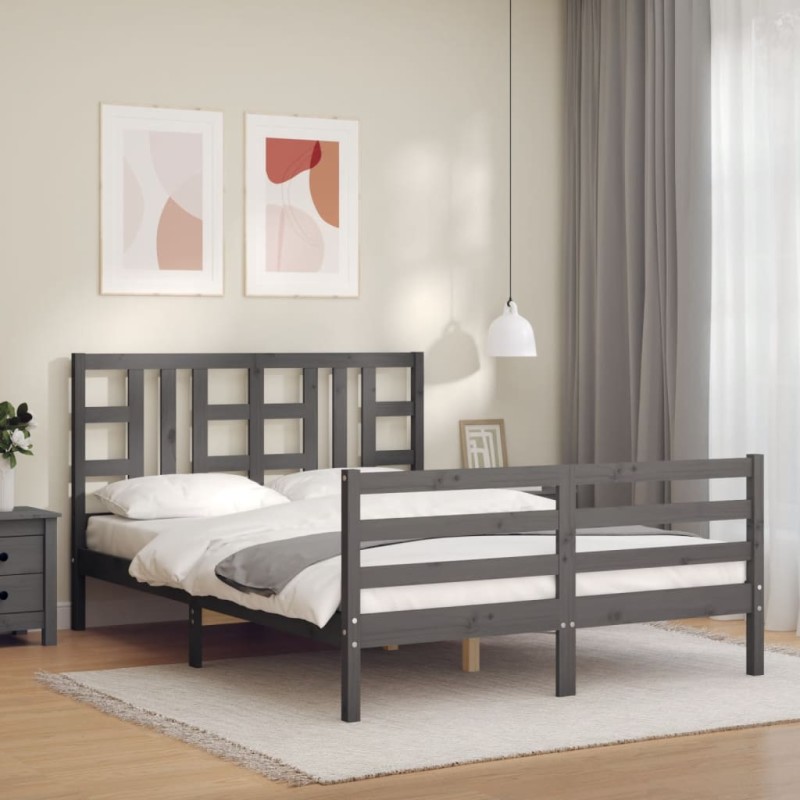 vidaXL Estructura de cama con cabecero madera maciza gris 160x200 cm vidaXL Estructura de cama con cabecero madera maciza gris 160x200 cm