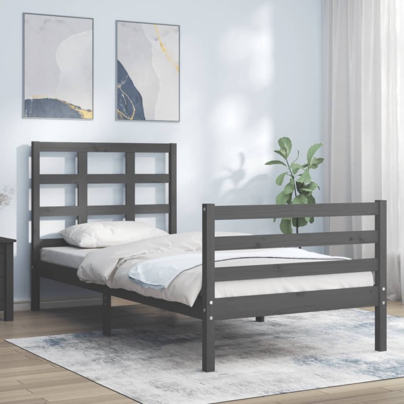vidaXL Estructura de cama con cabecero madera maciza gris 100x200 cm vidaXL Estructura de cama con cabecero madera maciza gris 100x200 cm