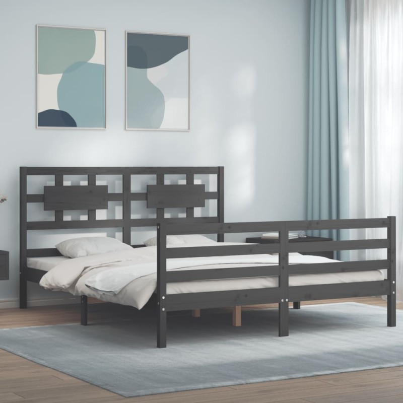 vidaXL Estructura de cama con cabecero madera maciza gris 160x200 cm vidaXL Estructura de cama con cabecero madera maciza gris 160x200 cm