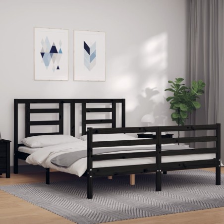 vidaXL Estructura de cama con cabecero madera maciza negro 160x200 cm