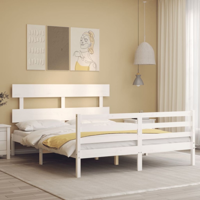 vidaXL Estructura de cama matrimonio con cabecero madera maciza blanco vidaXL Estructura de cama matrimonio con cabecero madera maciza blanco