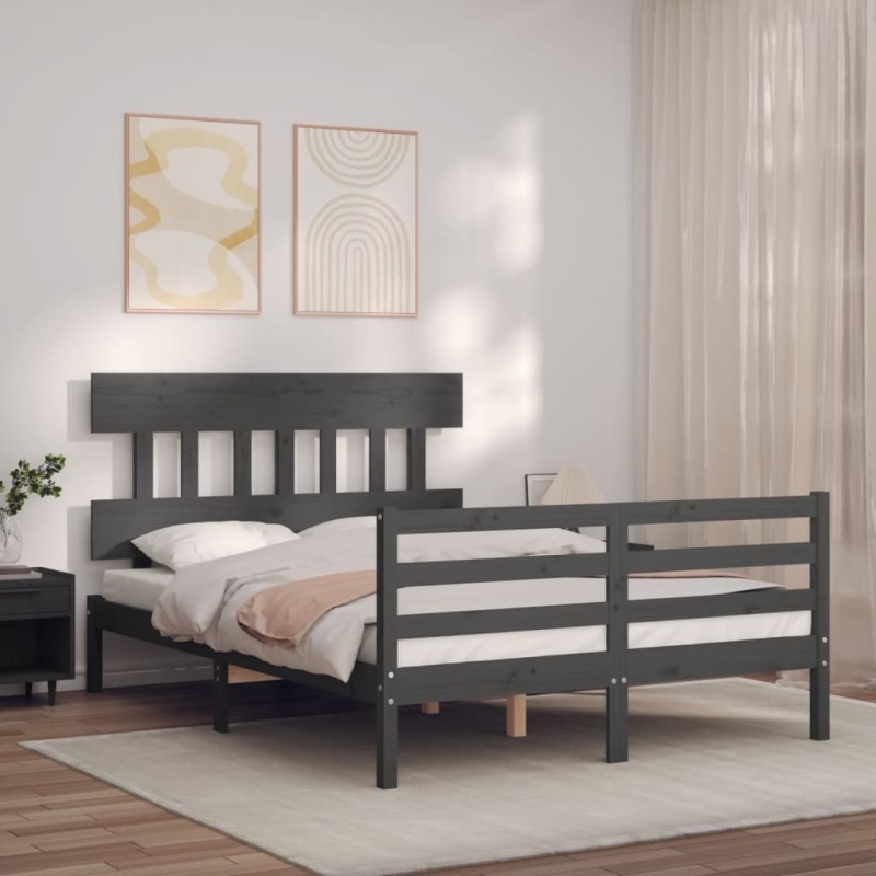 vidaXL Estructura de cama con cabecero madera maciza gris 140x190 cm vidaXL Estructura de cama con cabecero madera maciza gris 140x190 cm