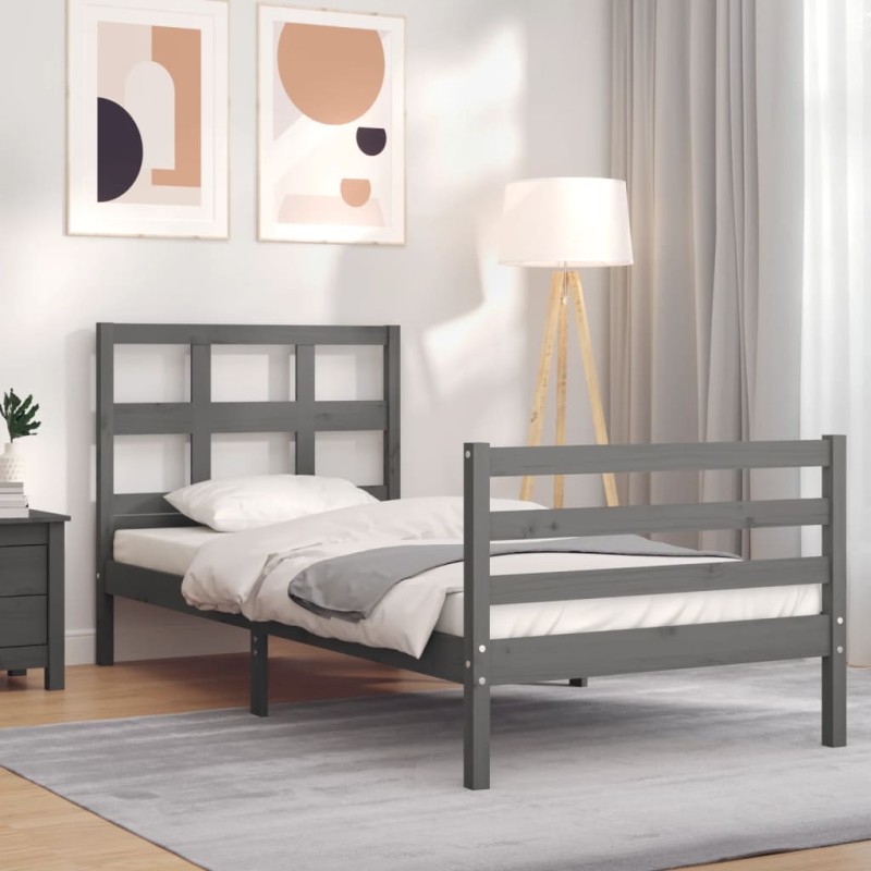 vidaXL Estructura de cama con cabecero madera maciza gris 90x200 cm