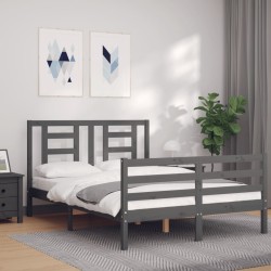 vidaXL Estructura cama de matrimonio con cabecero madera maciza gris