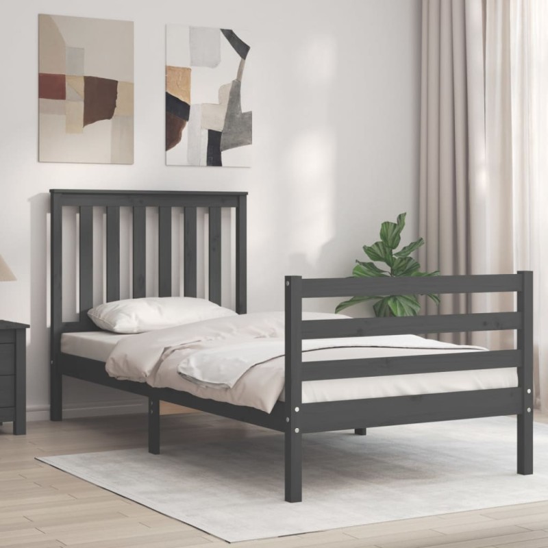 vidaXL Estructura de cama con cabecero madera maciza gris 90x200 cm vidaXL Estructura de cama con cabecero madera maciza gris 90x200 cm